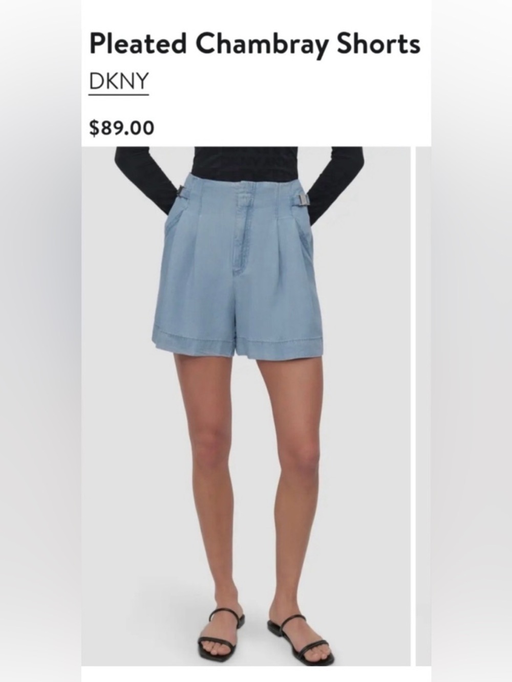 DKNY Light Blue Pleated Chambray High-Waist Shorts